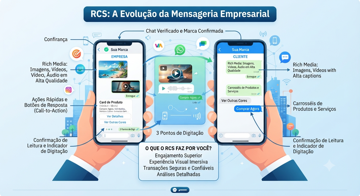 Ilustração mostrando uma conversa de RCS entre empresa e cliente, com mídia rica, botões de ação, carrossel de produtos e confirmação de leitura