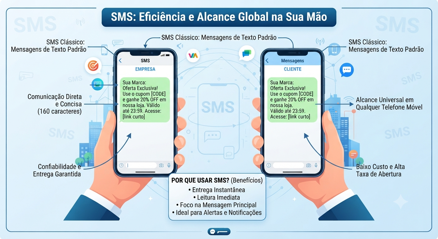 Ilustração mostrando uma conversa de SMS entre empresa e cliente, com entrega instantânea, leitura imediata e alcance universal